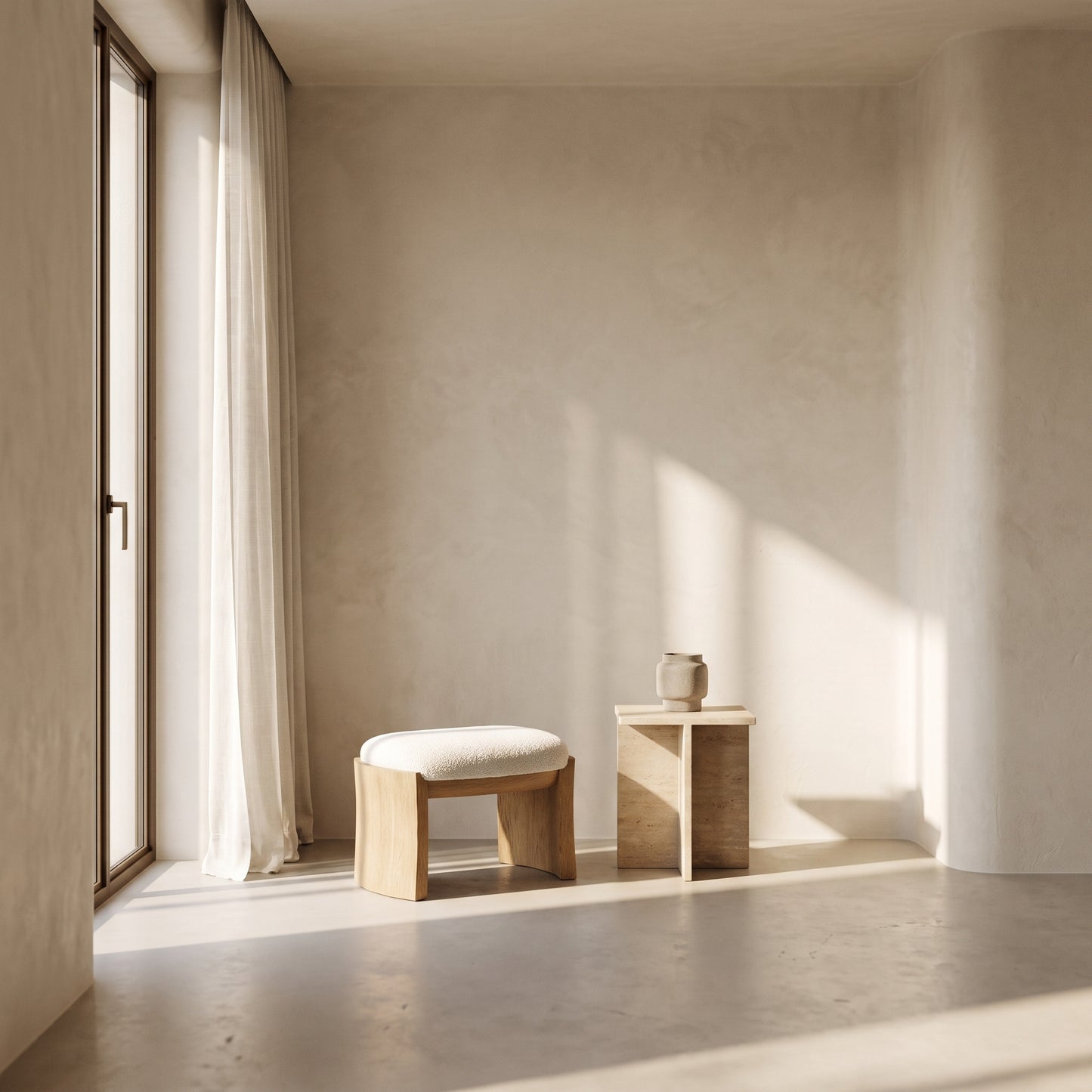 A minimalist interior scene with a small wooden stool and matching side table in a warm, sunlit room. The stool has a white cushion, and the side table holds a small vase.