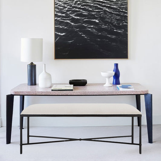 Upholstered White Bench in Living Room.