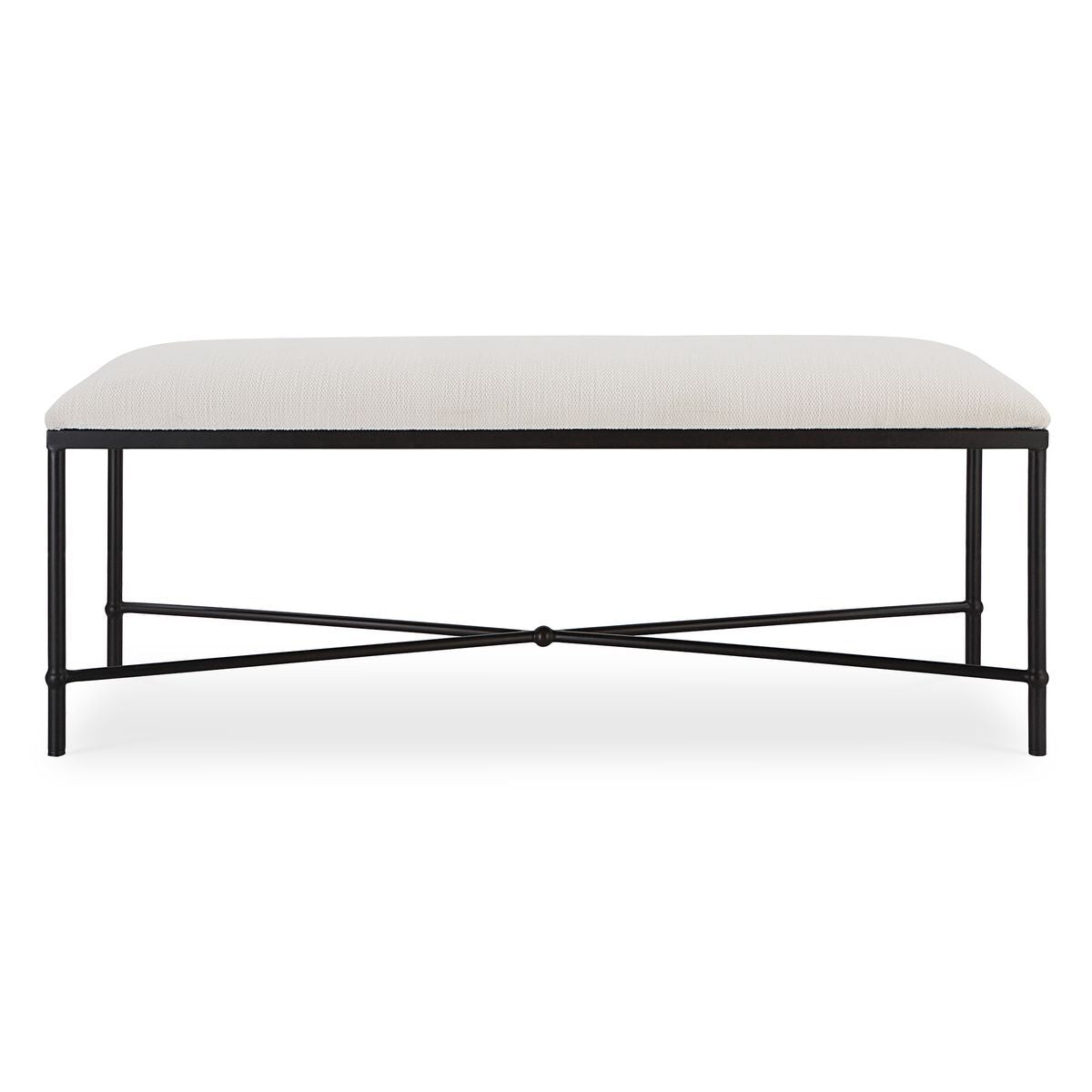 Bench with black metal frame and white cushion on a white background