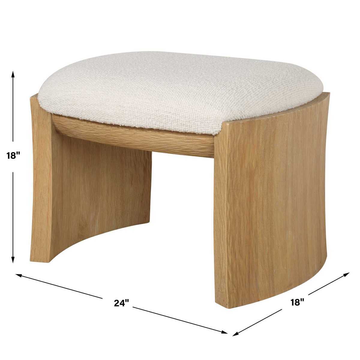 Wooden stool with a white cushion, shown with dimensions on a white background