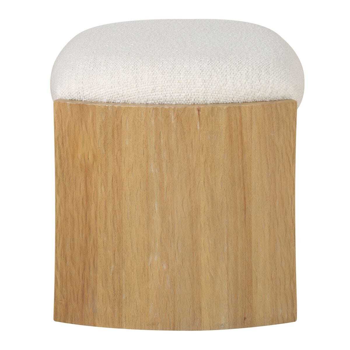 A cylindrical ottoman stool with a light natural wood grain base and a round, off-white textured fabric cushion on top, shown against a plain white background.