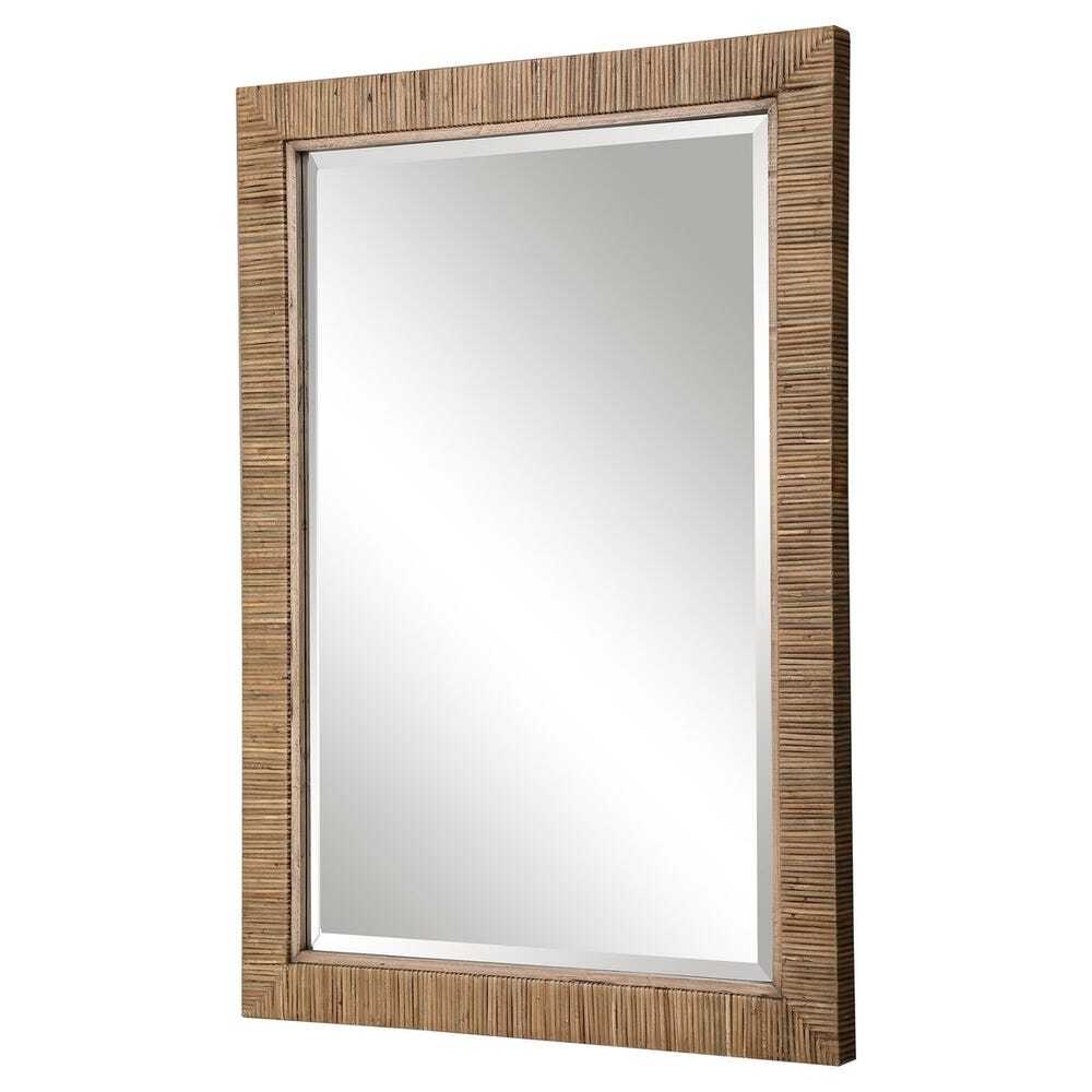 Rectangular mirror with a wooden frame on a white background