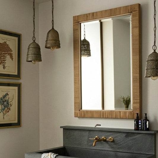 Rectangular mirror with a wooden frame on a white background