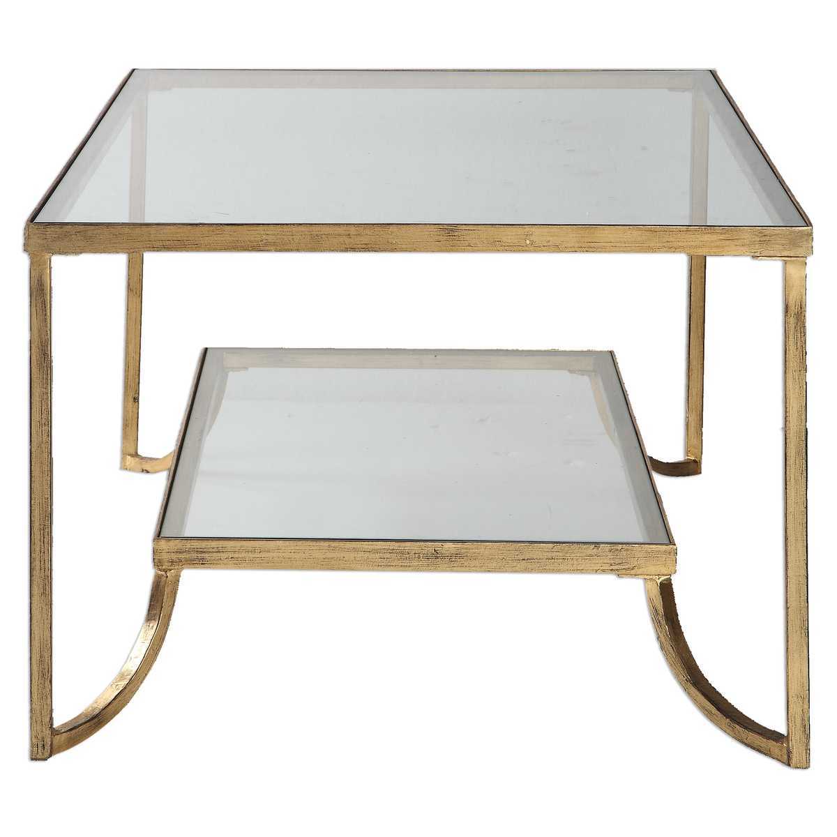 Set of two square glass tables with gold metal frames on a white background