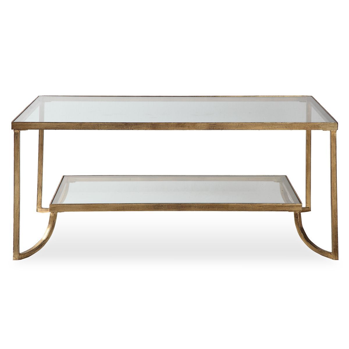 Two-tiered coffee table with glass top and gold metal frame on a white background