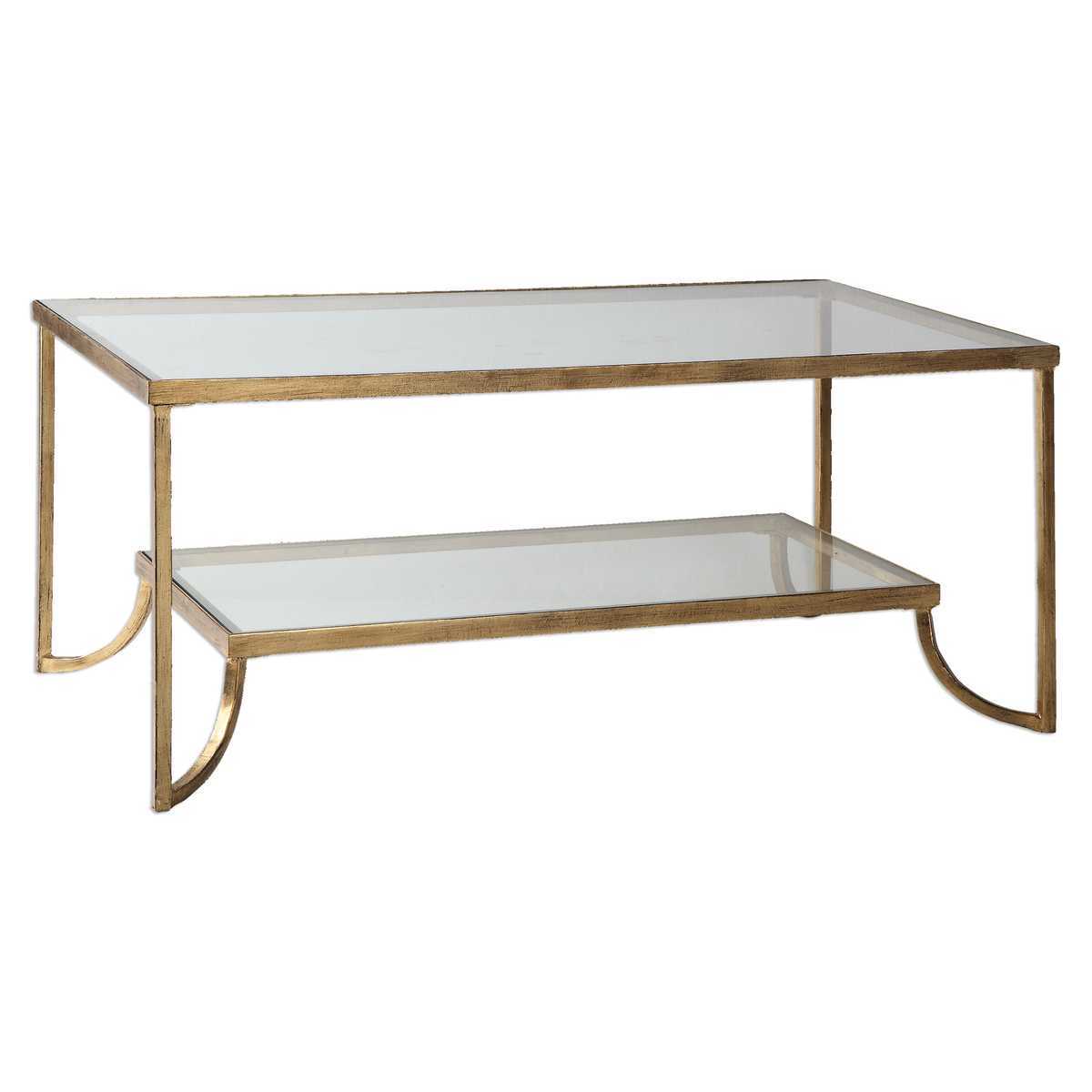 Two-tiered coffee table with glass top and gold metal frame on a white background