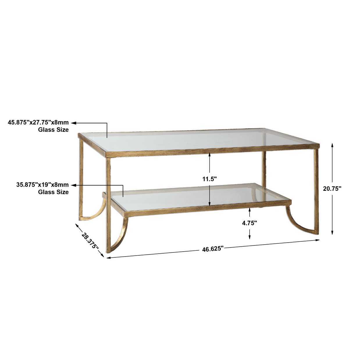 Glass coffee table with dimensions labeled on a white background