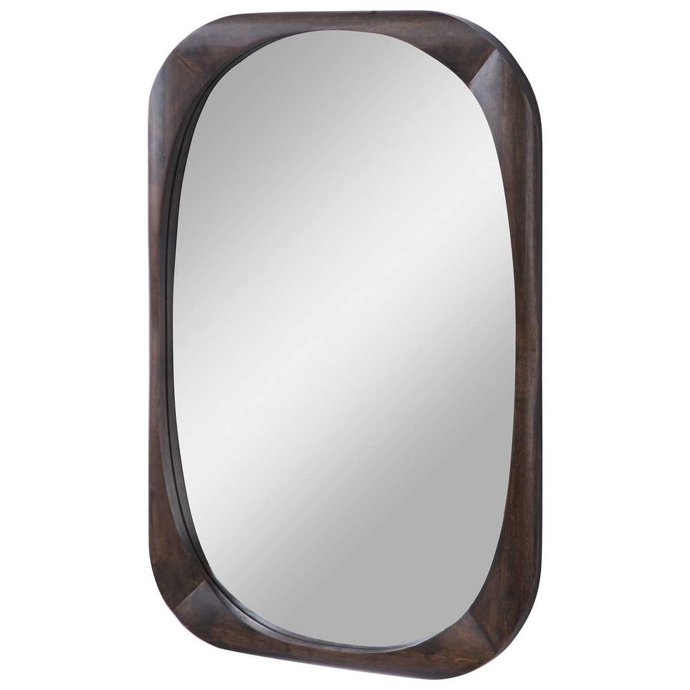 Rectangular mirror with a dark wood frame on a white background