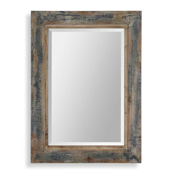 Rectangular mirror with a rustic wooden frame on a white background
