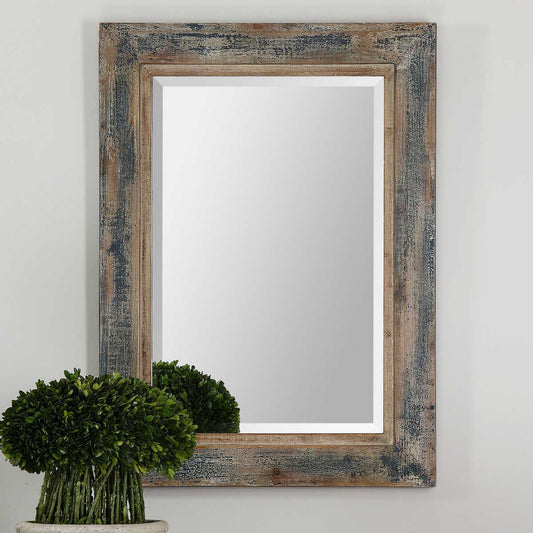 Rectangular mirror with a rustic wooden frame on a white background