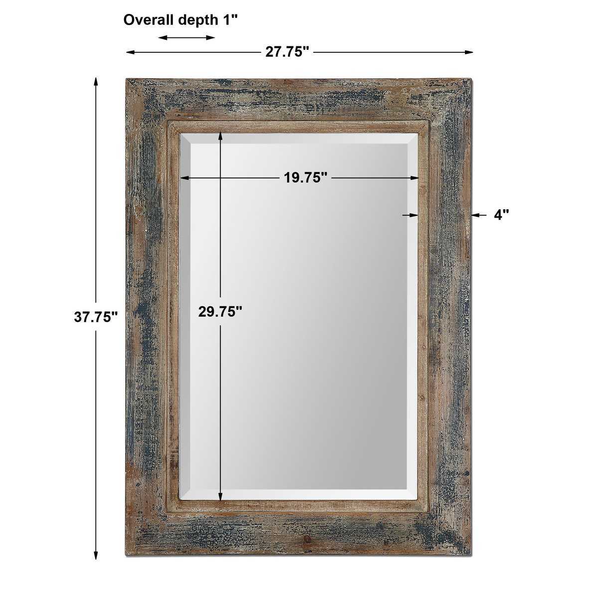 Wooden framed mirror with dimensions on a white background