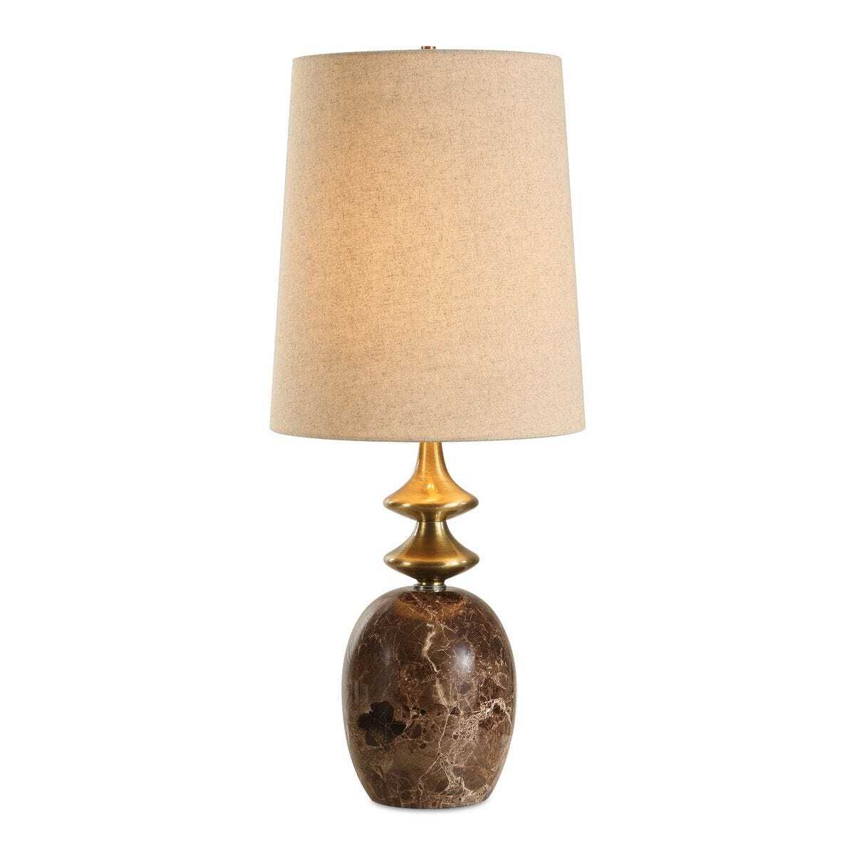 Table lamp with a brown marbled base and beige lampshade on a white background