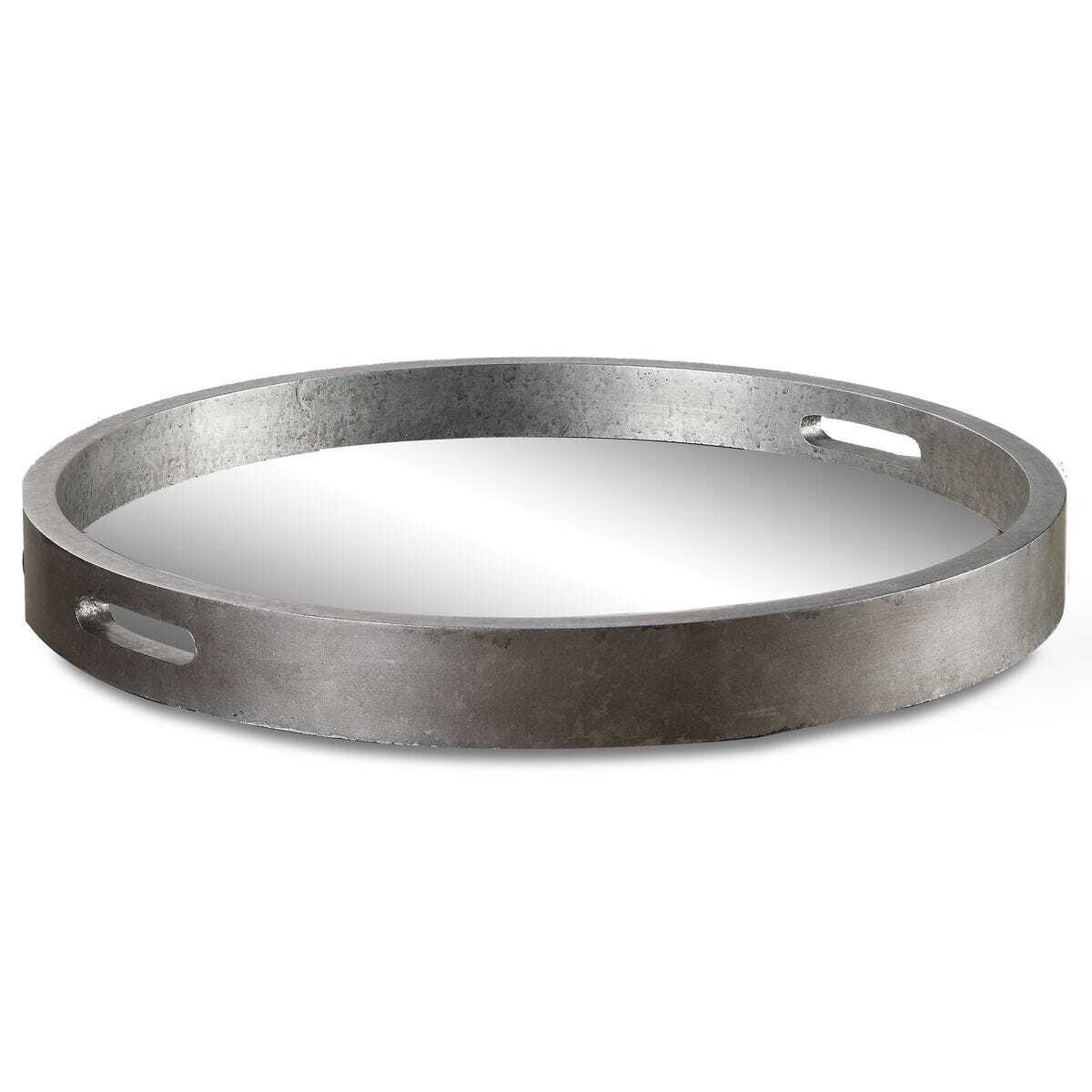 Round silver tray with a brushed finish on a white background