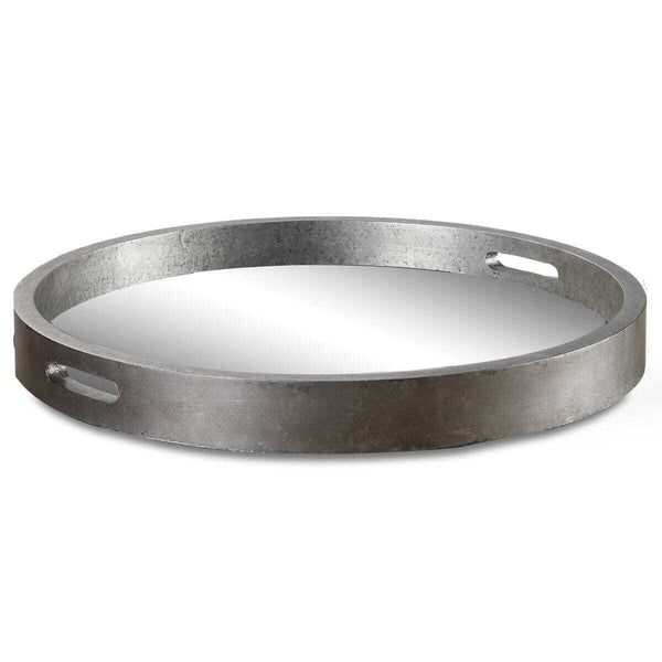 Round silver tray with a brushed finish on a white background