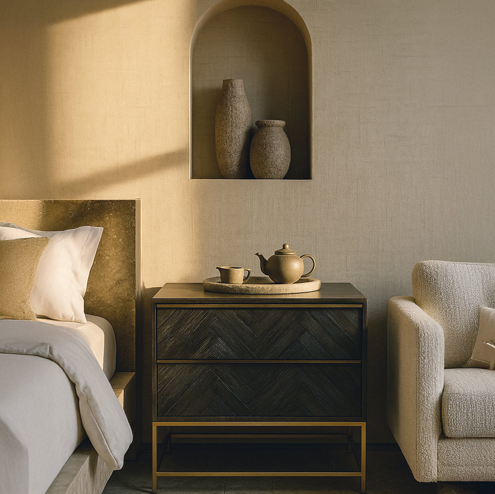 Walnut bedroom herringbone dresser.