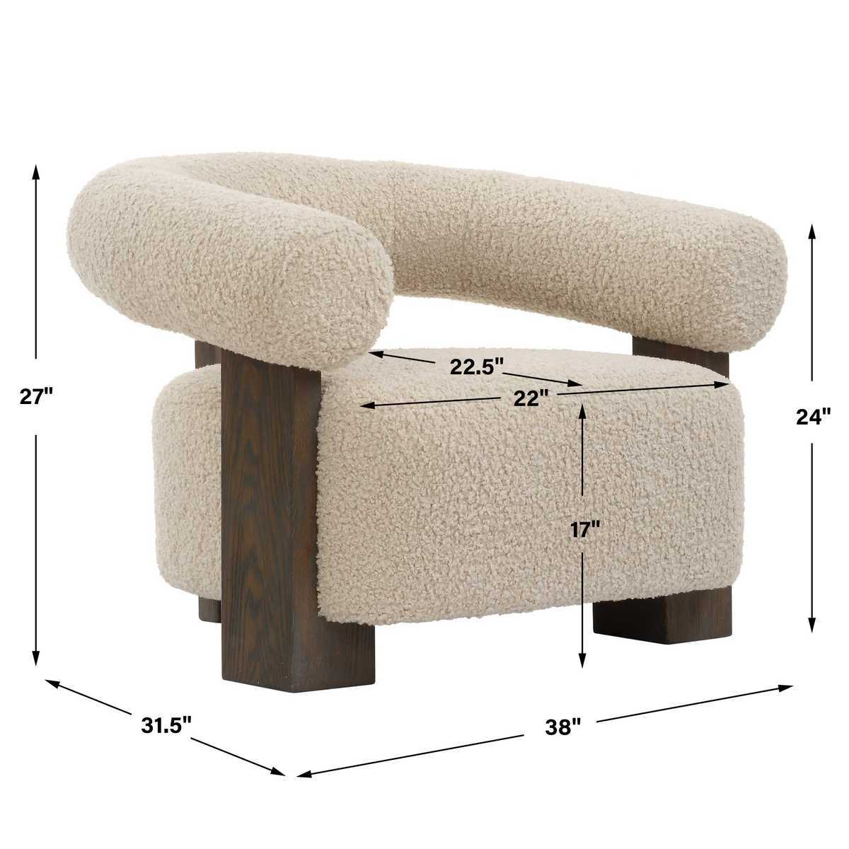 Beige textured ottoman with wooden legs and dimensions on a white background