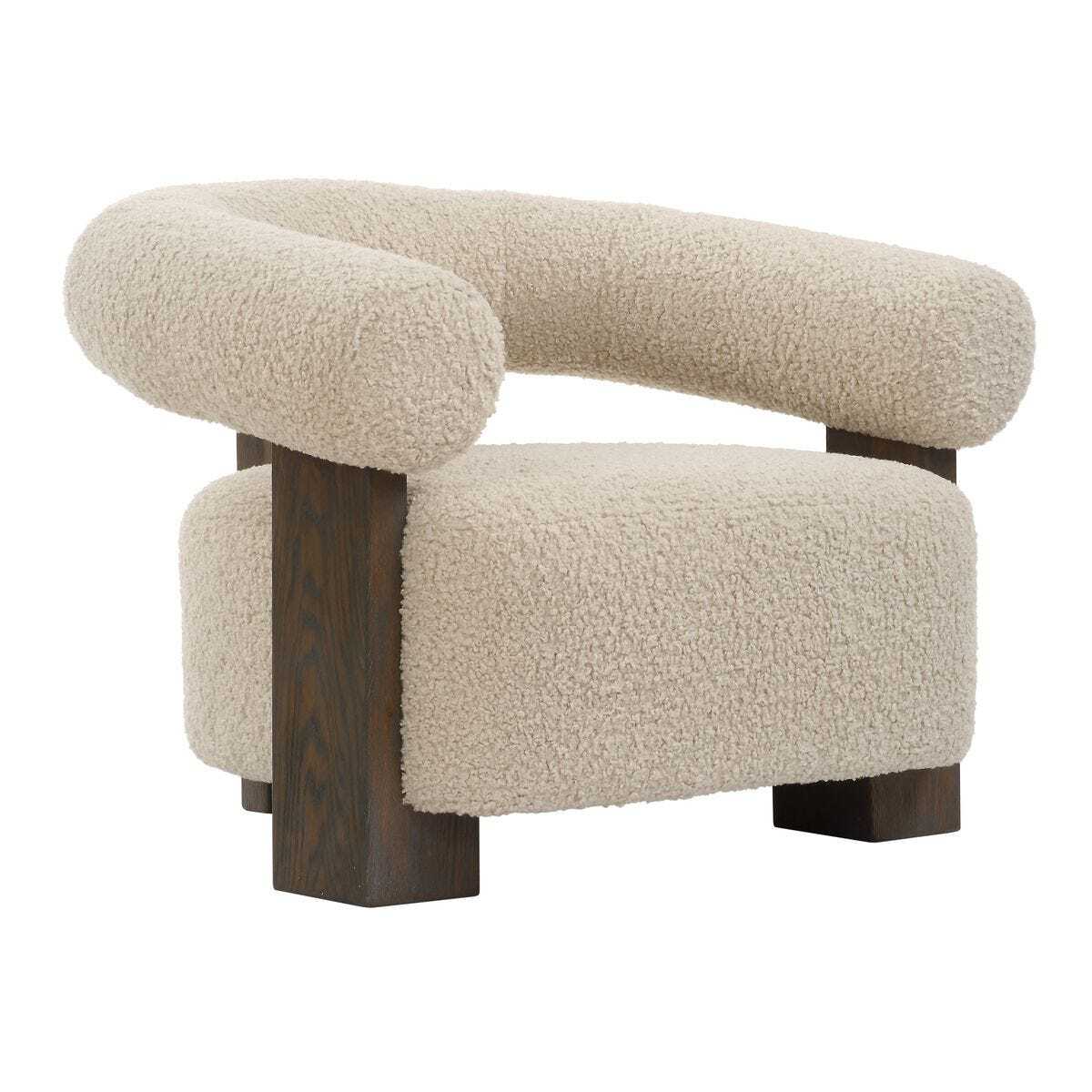 Beige armchair with wooden legs on a white background