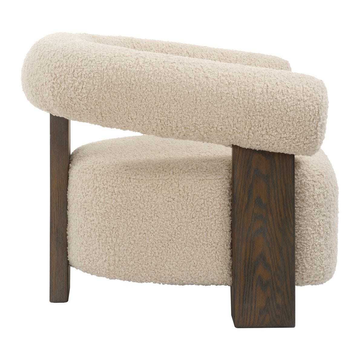 Beige cushioned chair with wooden legs on a white background