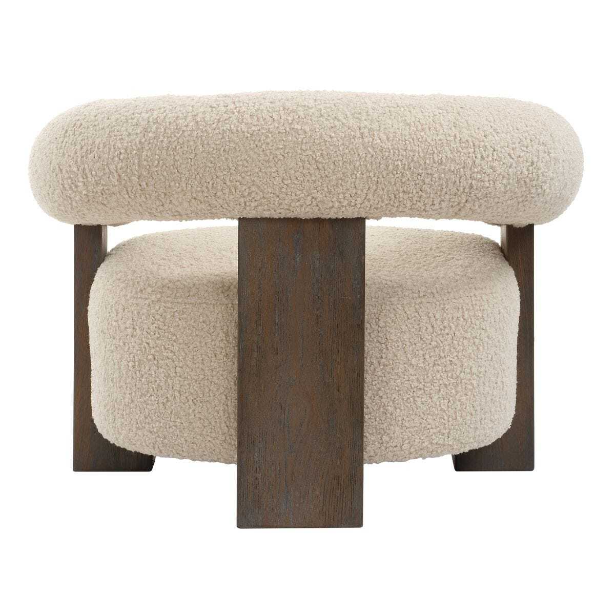 Beige cushioned stool with a dark wooden base on a white background