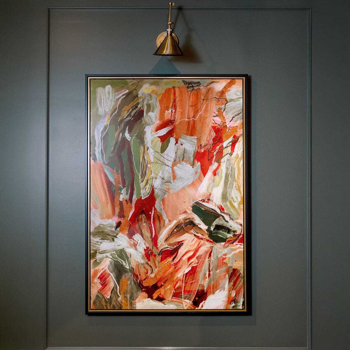 Colorful art with coral and green tones.