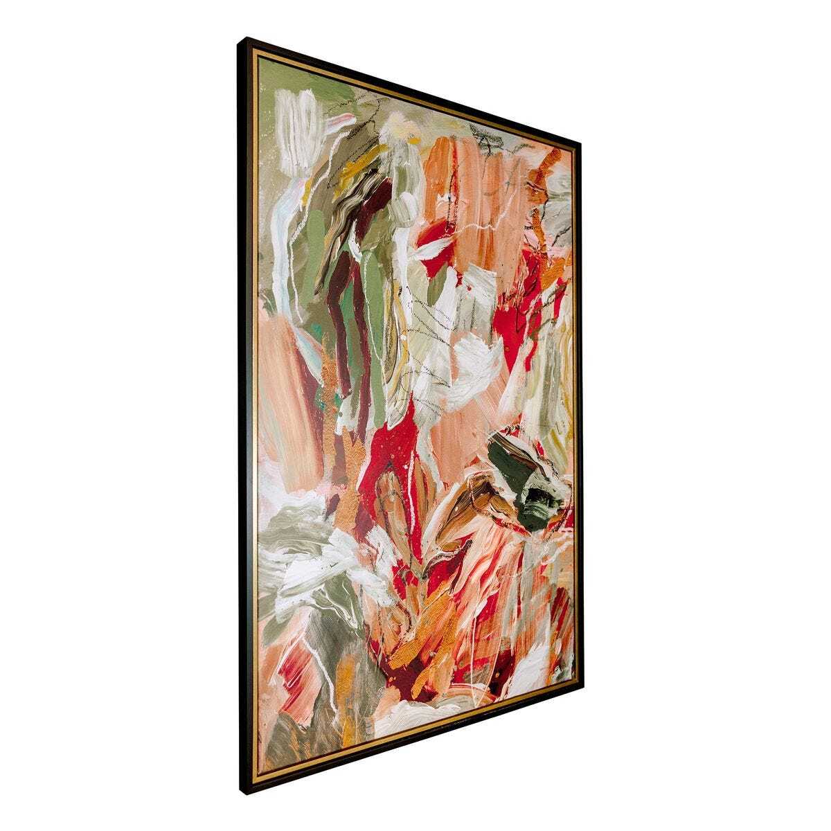 Framed abstract canvas wall art featuring expressive brushstrokes in red, orange, green, beige, and white, shown at an angle against a plain white background.