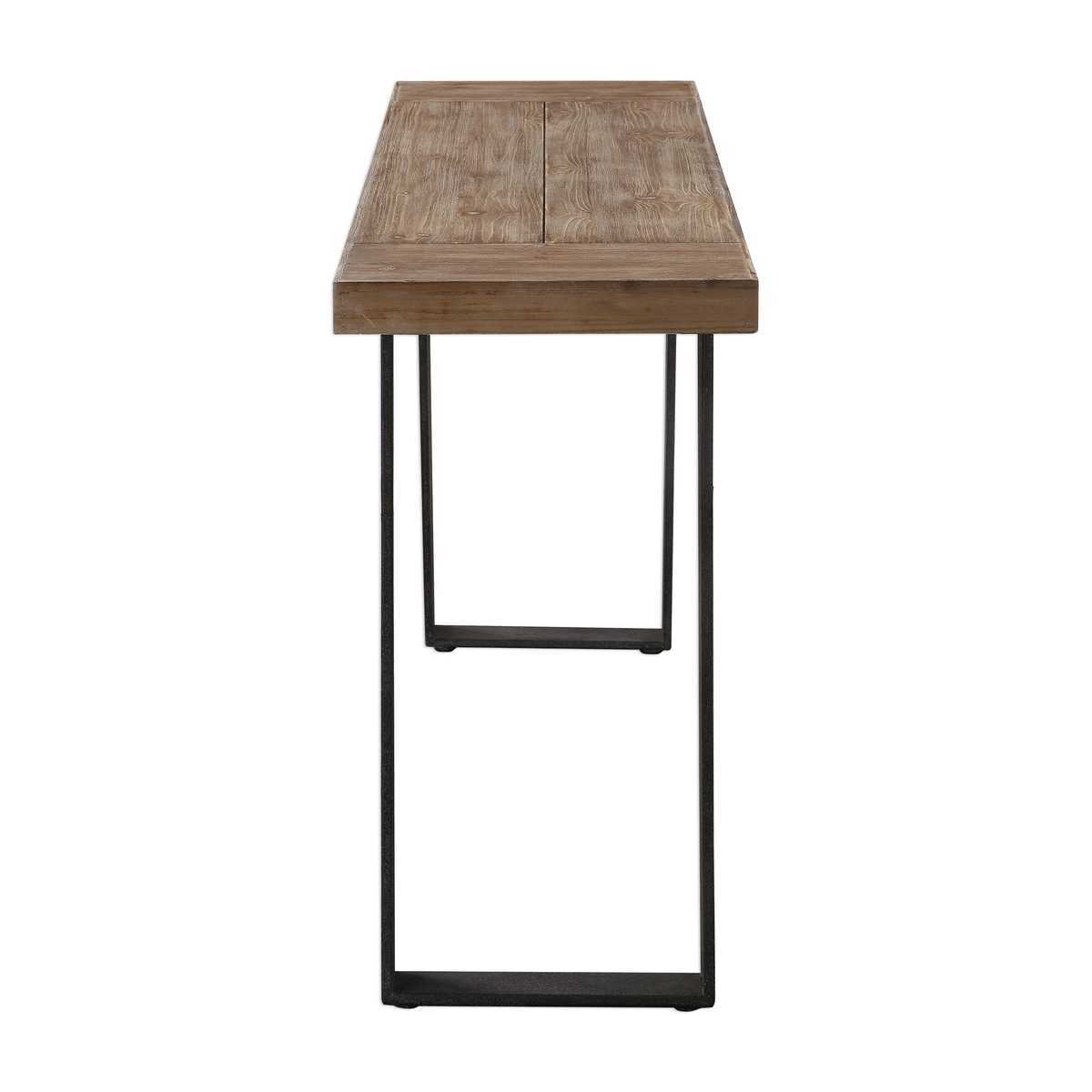 Narrow industrial wood console table.