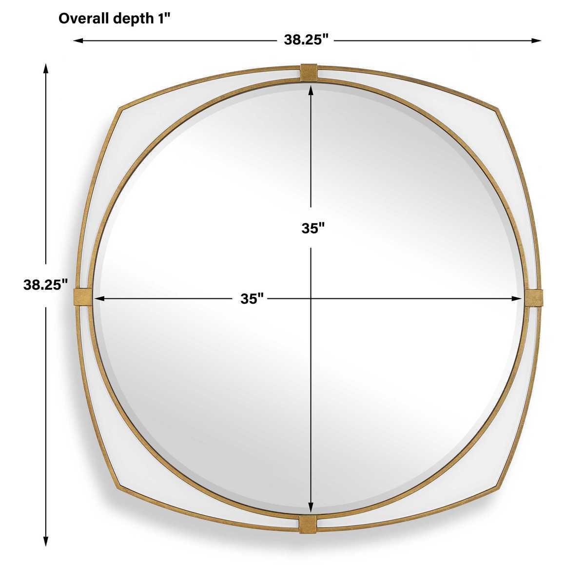 Round mirror with gold frame and dimensions on a white background