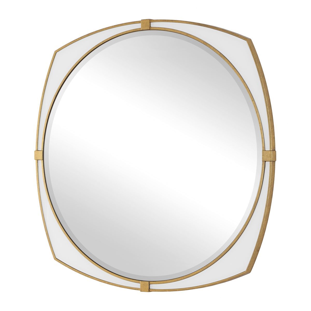Round mirror with gold frame on a white background