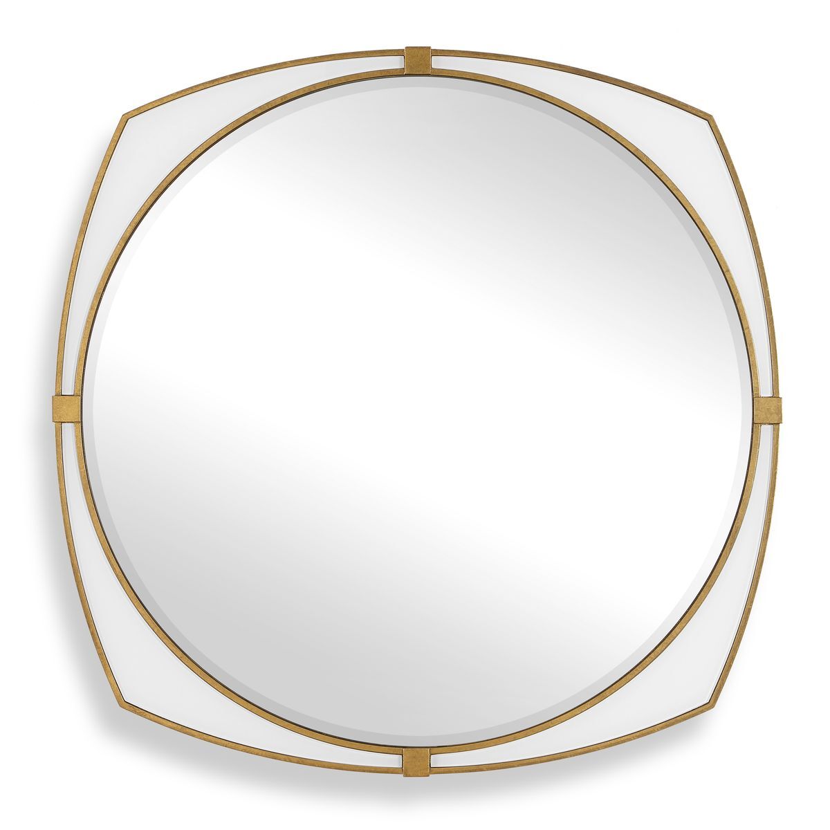 Round mirror with gold frame on a white background