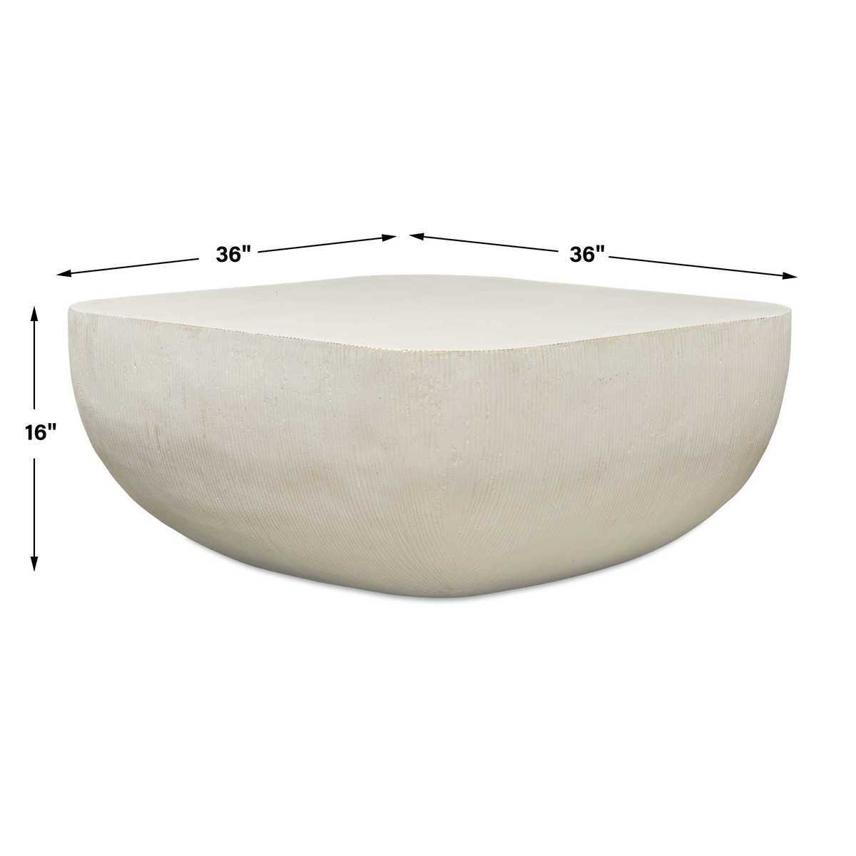 White half-moon ottoman with dimensions on a white background