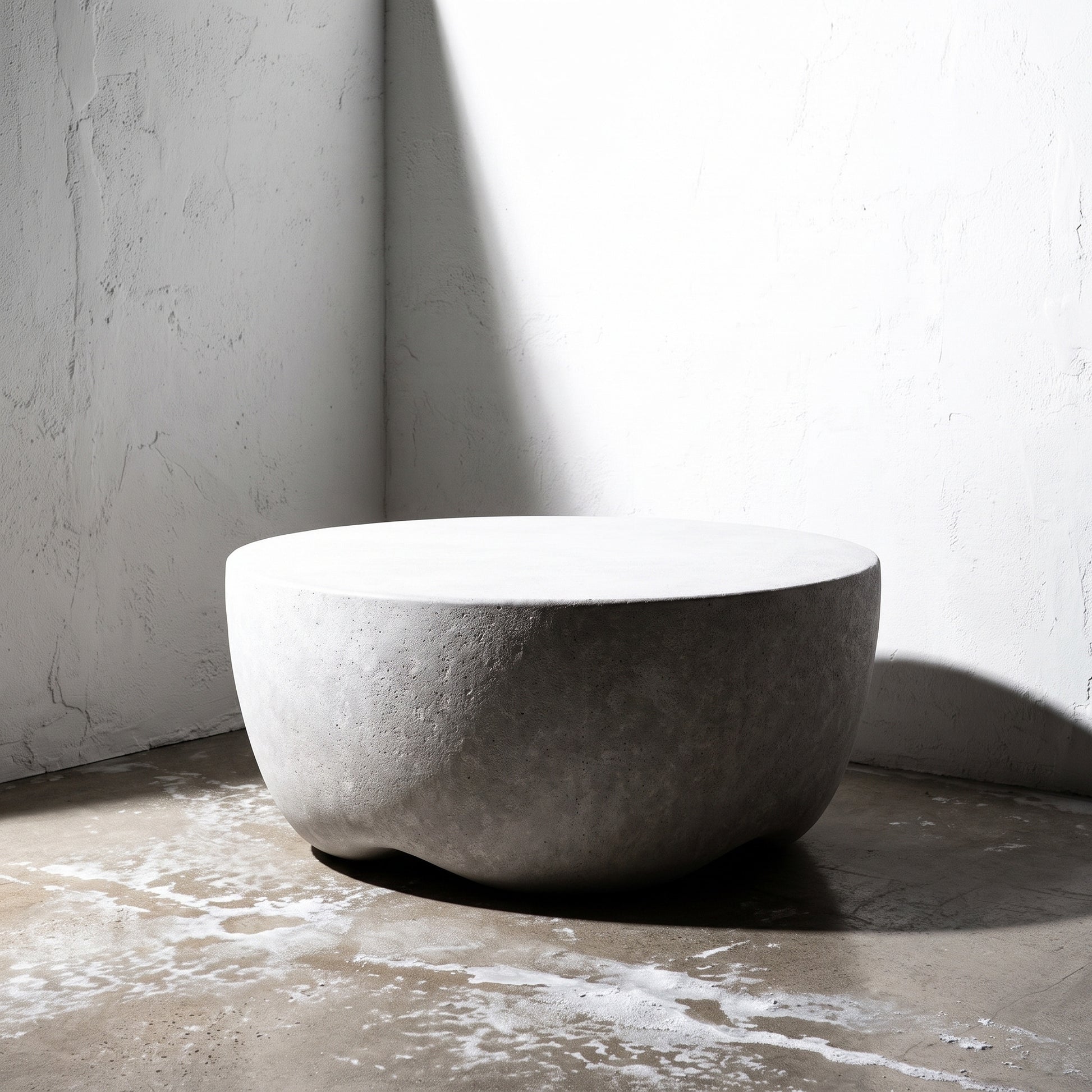 A round, low-profile stone bench or stool in a textured light gray concrete finish, placed in a minimalist corner room with textured white walls and a concrete floor under dramatic natural light.