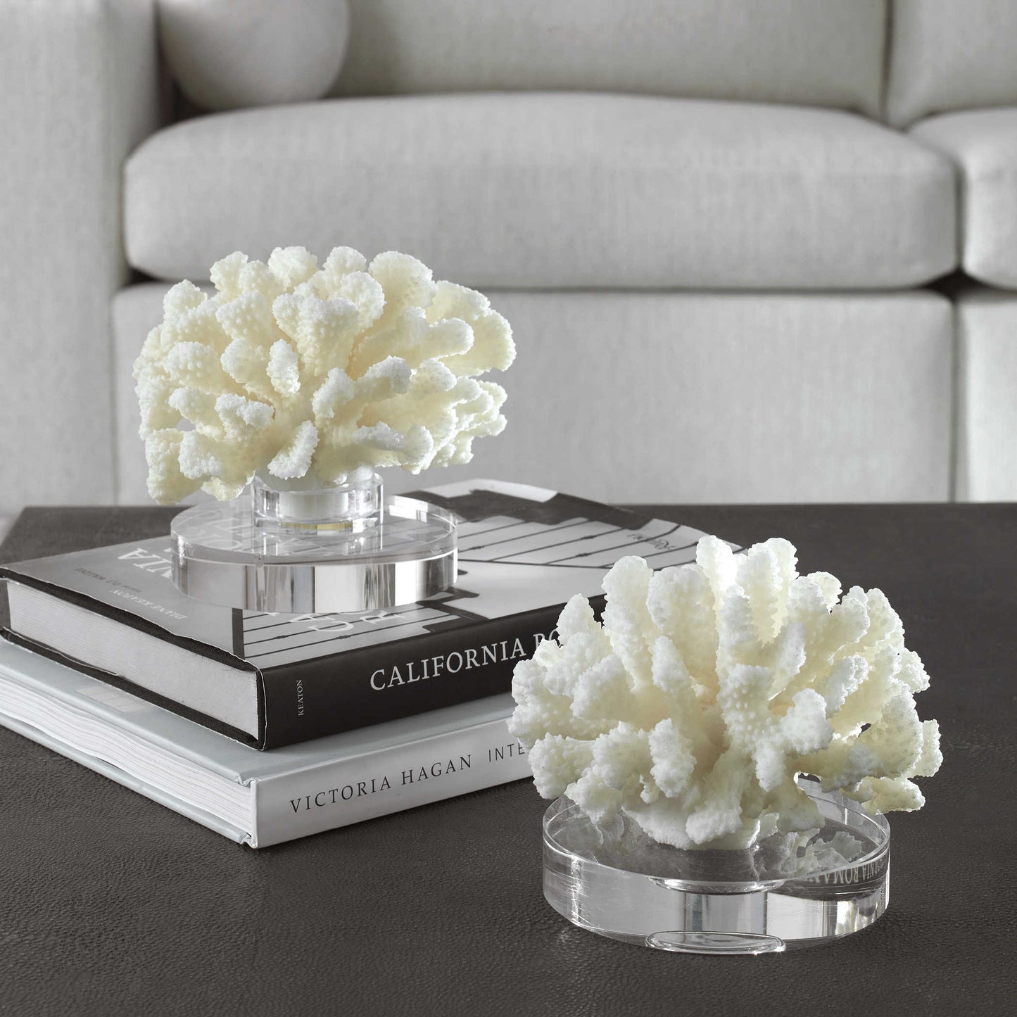 Two white coral sculptures son decorative books on coffee table that is black.