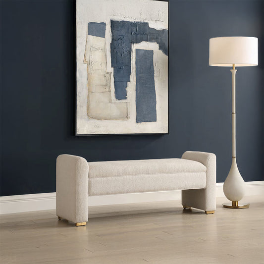 White Entryway Bench in Boucle Fabric with Abstract Art above and white coastal floor lamp.