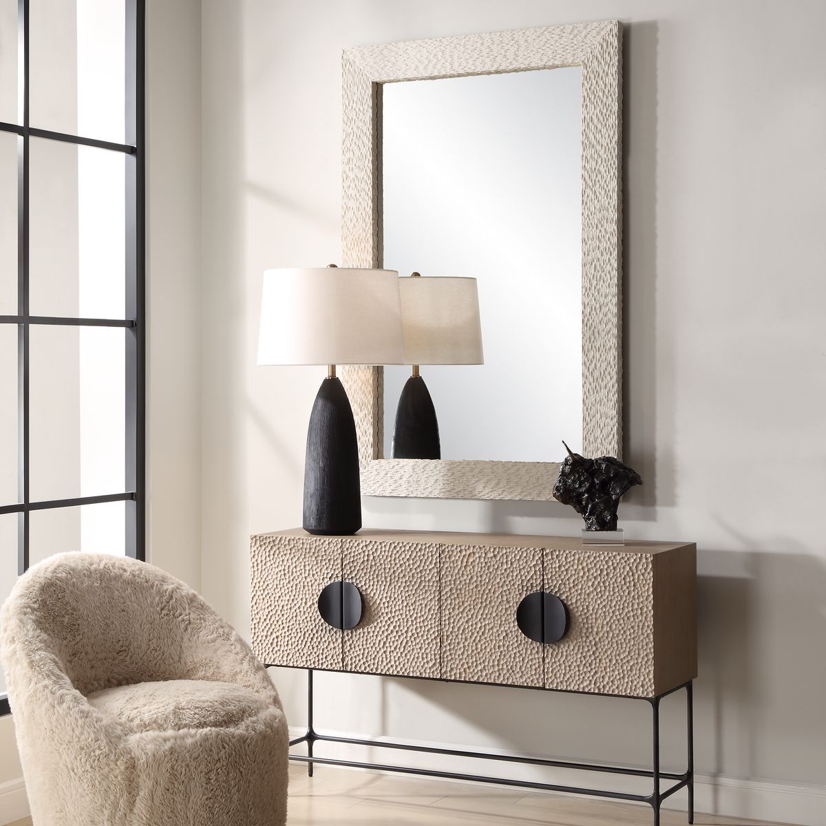 White rectangular frame in the living room.