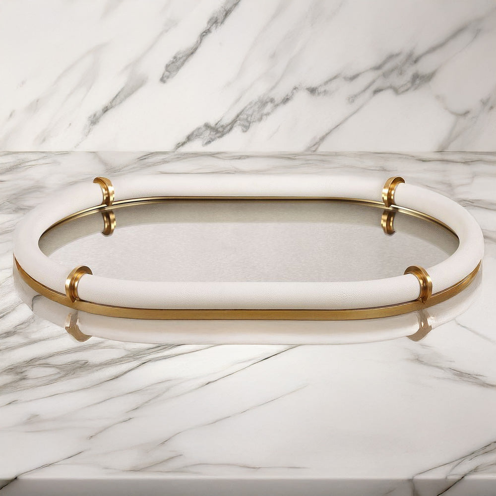 Gold and white shagreen tray marble kitchen counter.