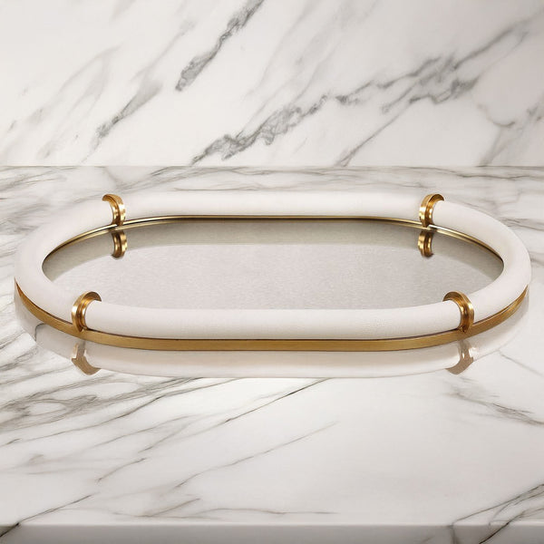 Gold and white shagreen tray marble kitchen counter.