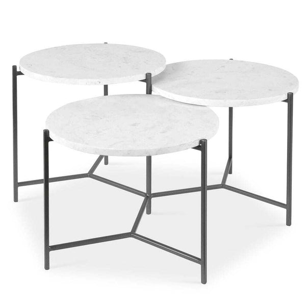 Set of three round marble tables with black metal frames on a white background