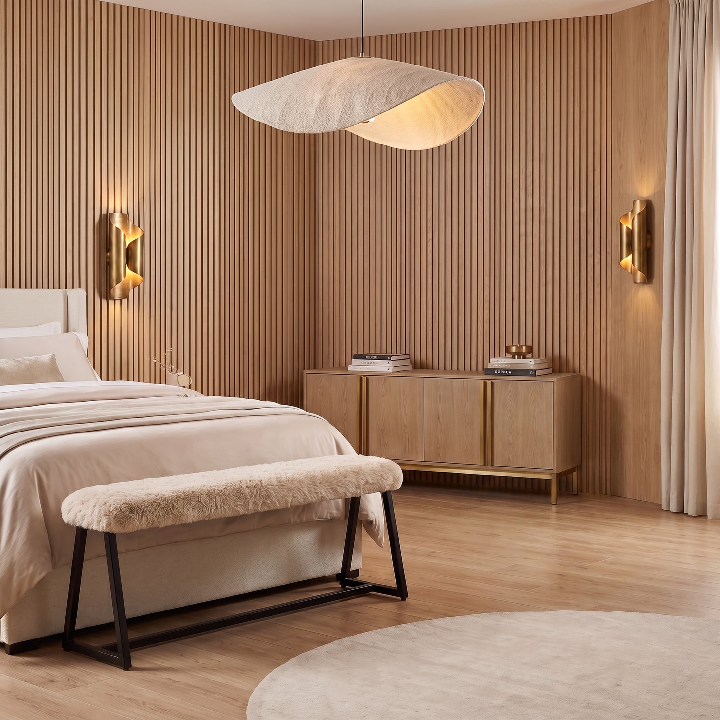 A modern bedroom interior with a bed, upholstered bench, wooden slat wall, sideboard, wall sconces, pendant light, and a round rug. No people or animals are present, but this is still a real interior environment rather than a clean isolated product shot, so subject_type is Lifestyle.