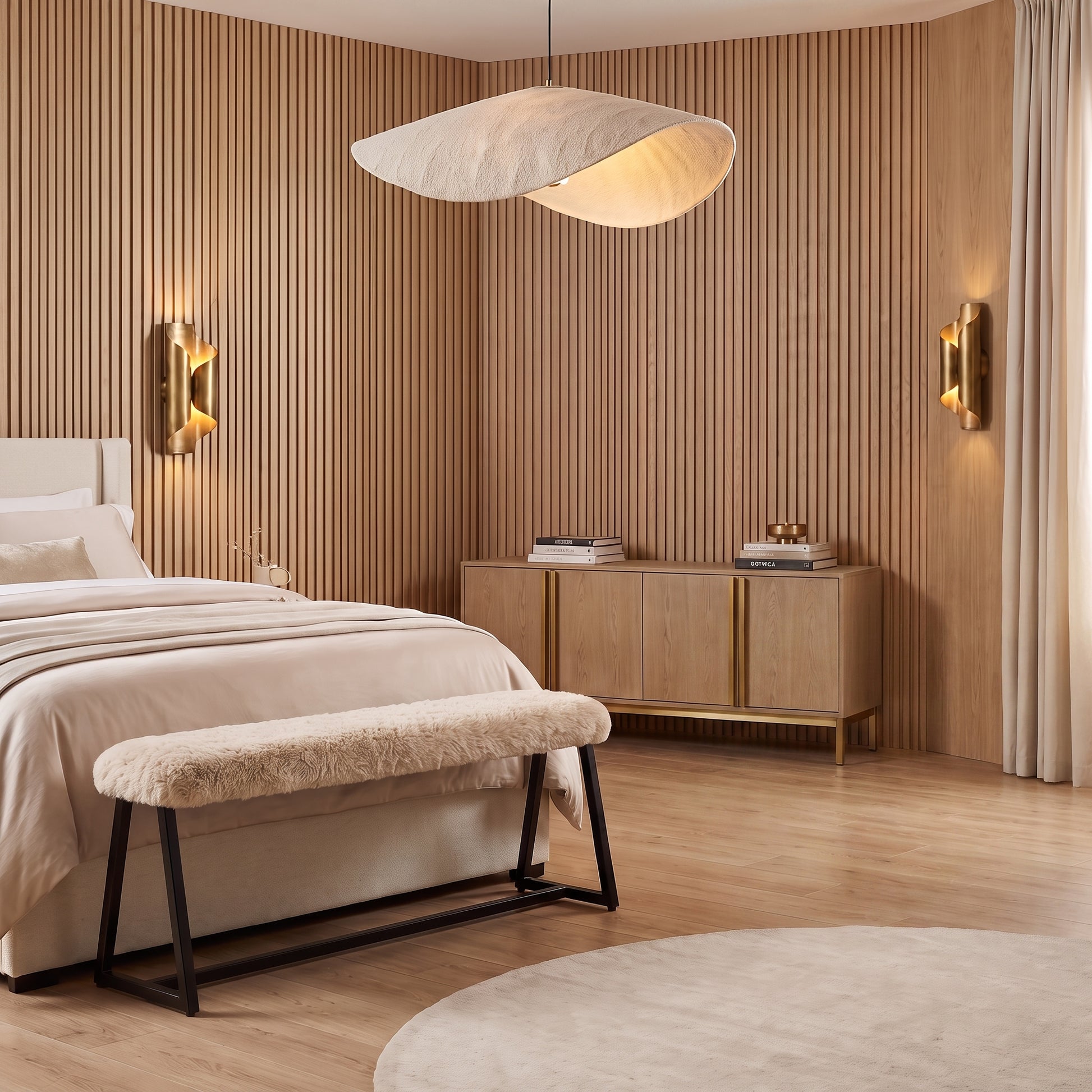 A modern bedroom interior with a bed, upholstered bench, wooden slat wall, sideboard, wall sconces, pendant light, and a round rug. No people or animals are present, but this is still a real interior environment rather than a clean isolated product shot, so subject_type is Lifestyle.