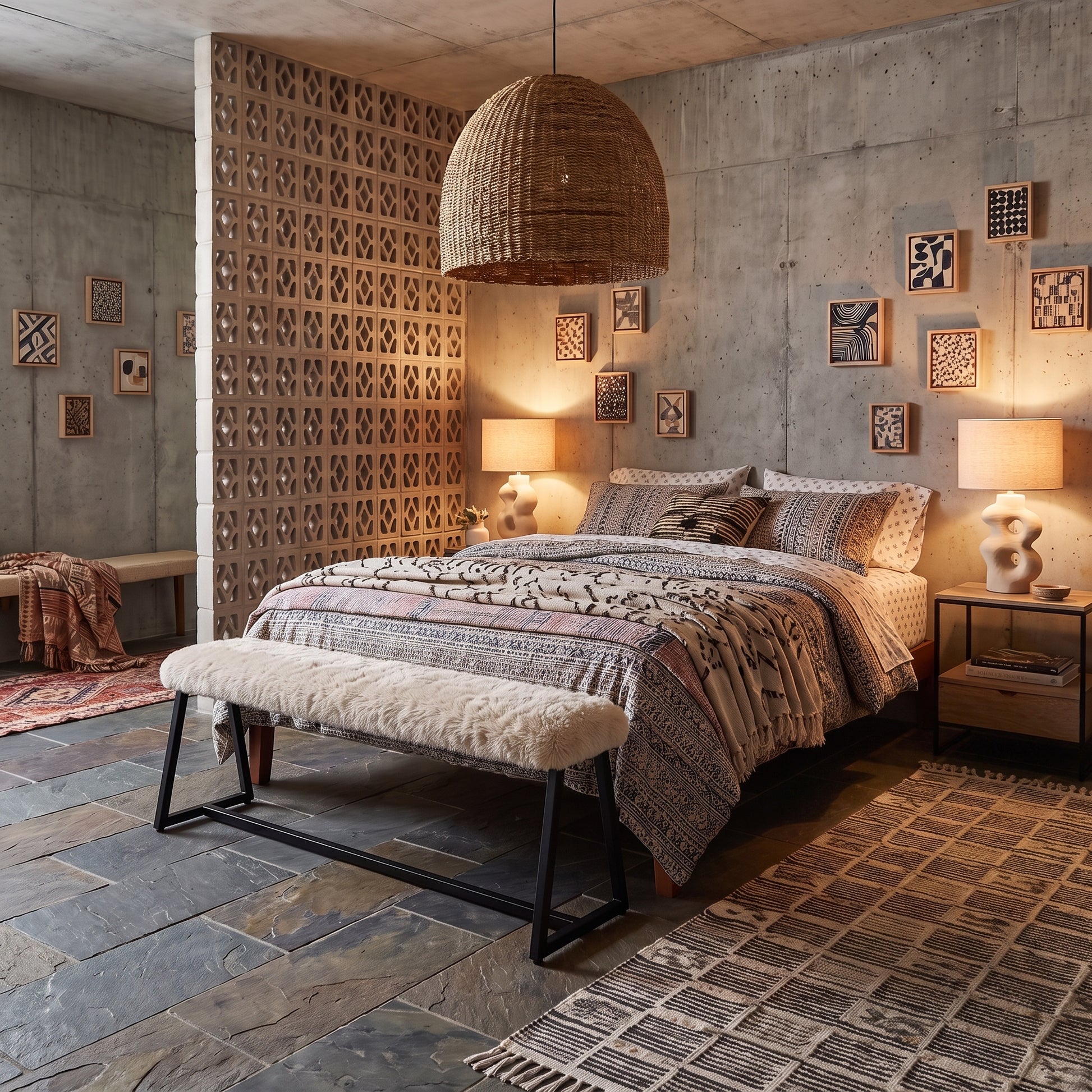 A styled bedroom interior featuring a bed dressed in patterned beige and brown textiles, a woven wicker pendant light, concrete walls, framed art, bedside tables with lamps, and a bench with a cream sheepskin seat in a rustic modern room.