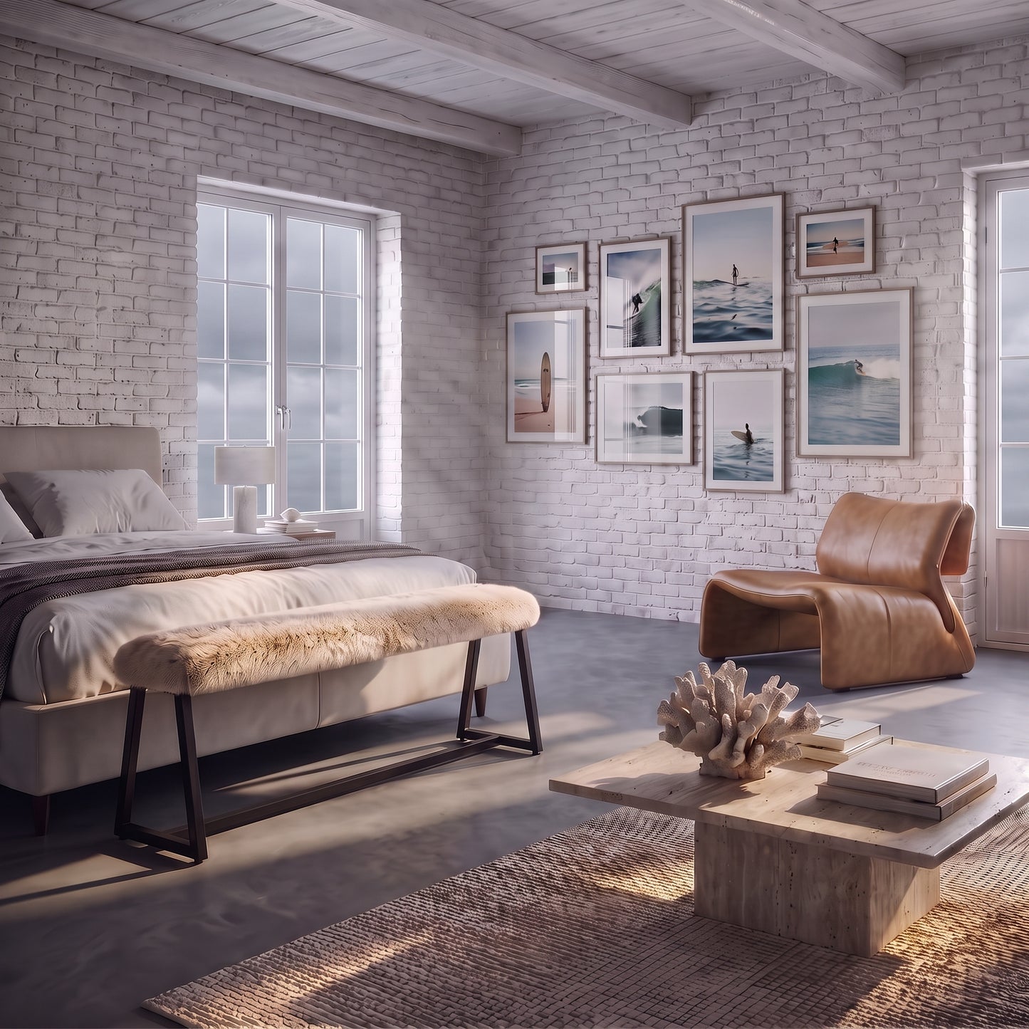 A styled bedroom interior with a bed, leather armchair, coffee table, rug, and framed wall art in a bright, modern room with white brick walls and wood ceiling beams.