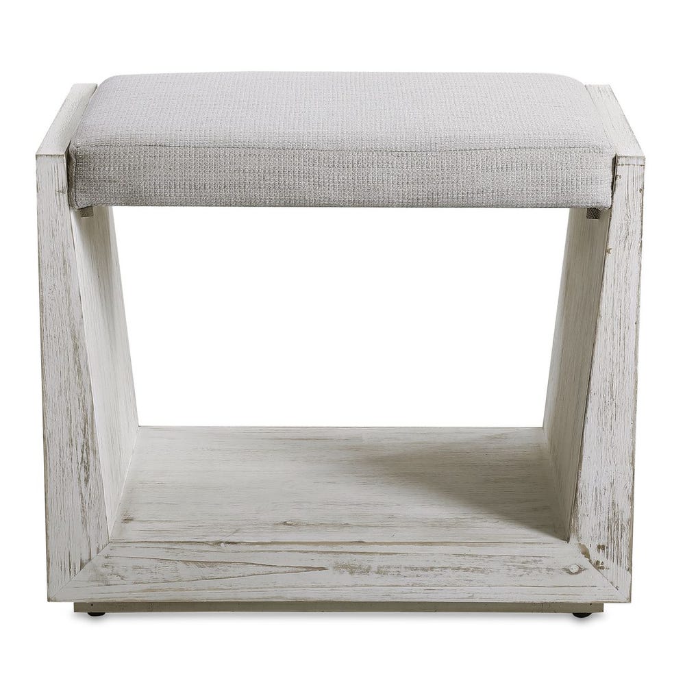 Wooden stool with a light gray cushion on a white background