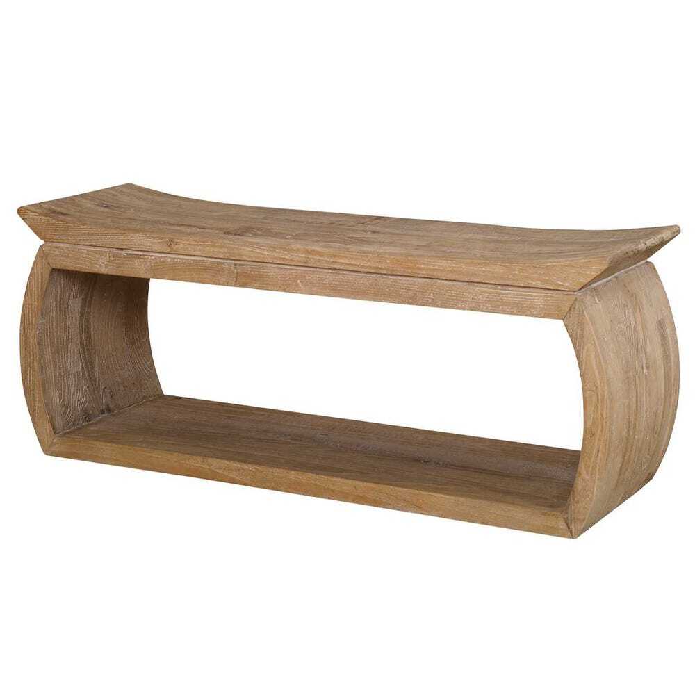 Wooden bench with curved design on a white background