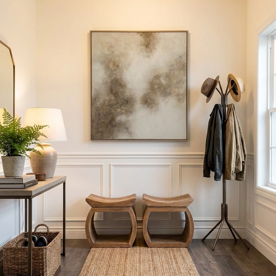 A styled entryway featuring a large square abstract canvas print with gray, beige, and brown tones hanging on a cream wall above white wainscoting. Below the artwork are two curved wooden bench stools, a natural jute runner rug, a side console table with a lamp and plant, and a black coat rack holding hats and jackets.