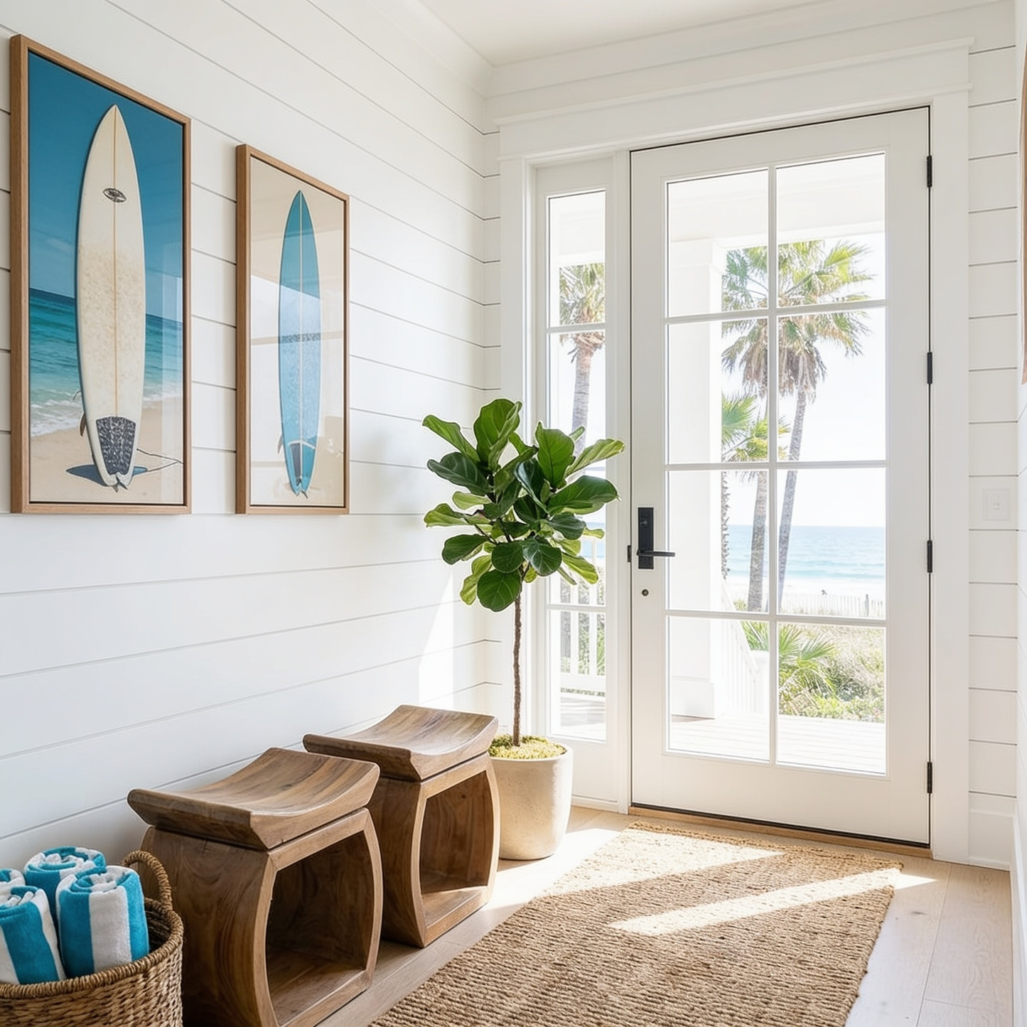 A bright coastal entryway with white shiplap walls, two framed surfboard prints, two wooden stools, a potted fiddle-leaf fig, and a glass double door opening to a beach view.