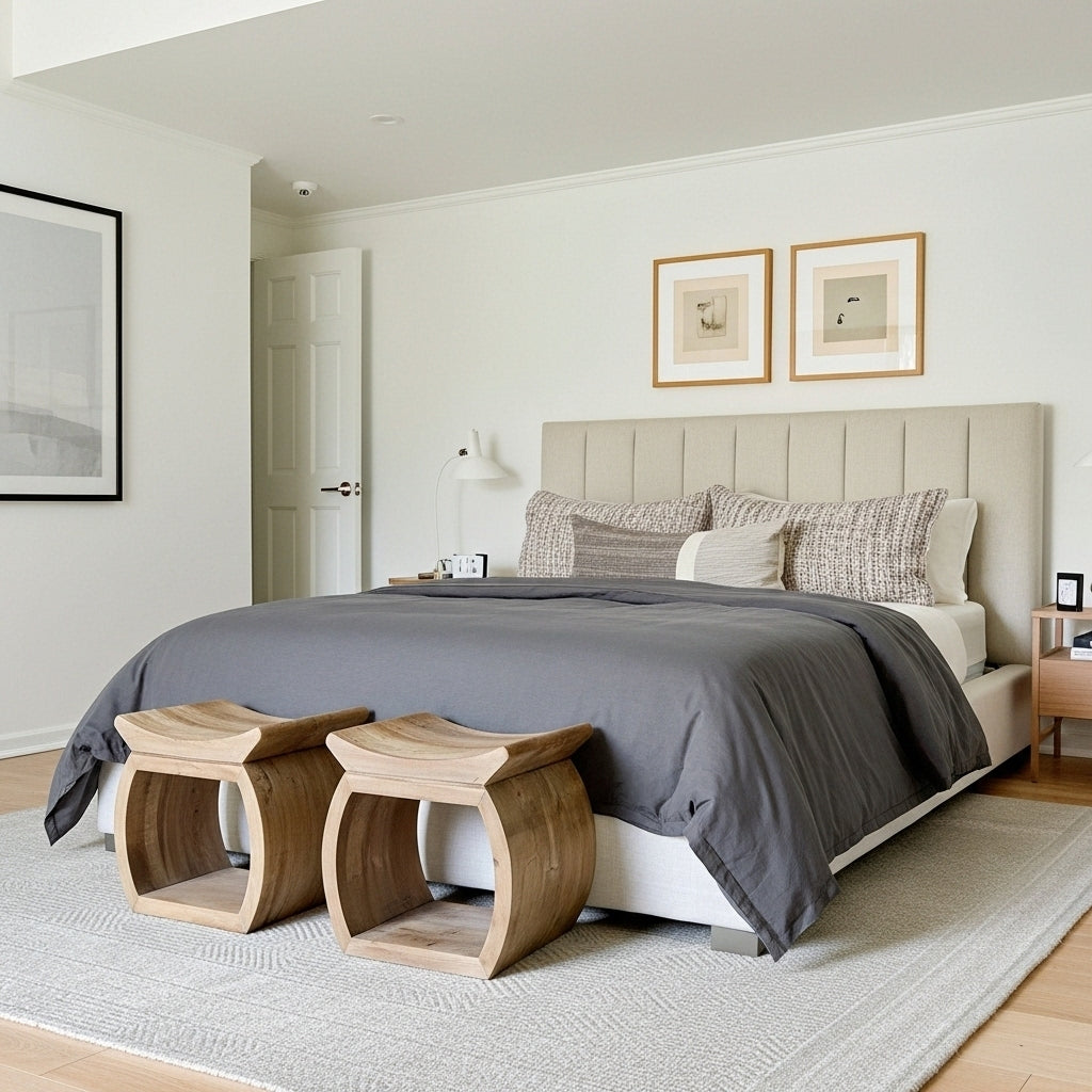 Modern bedroom with a bed, bedside stools, and decorative elements.