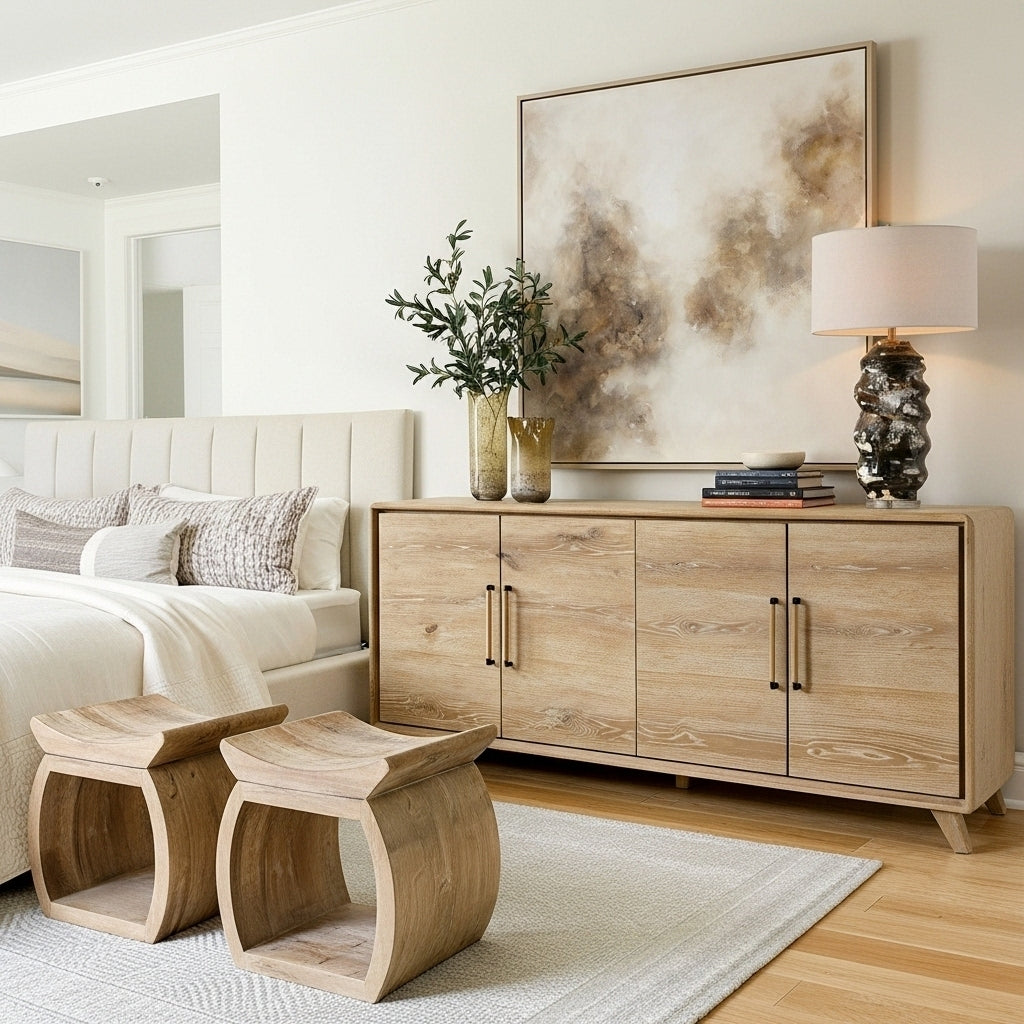 Modern bedroom with wooden furniture, including a dresser and stools.