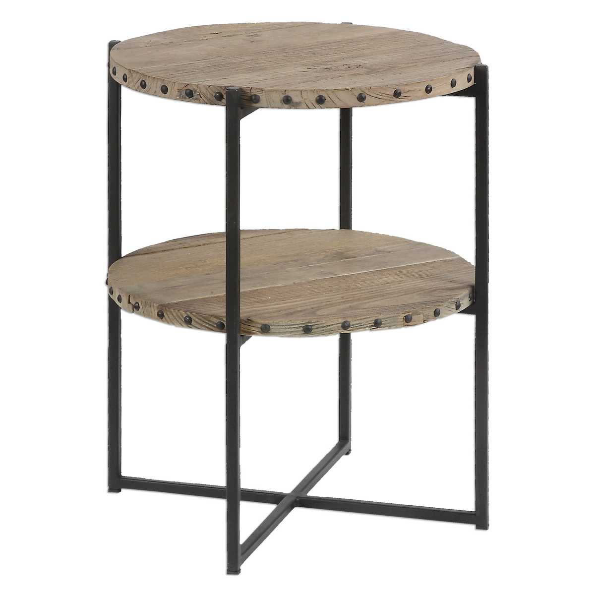 Round side table with wooden top and metal frame on a white background