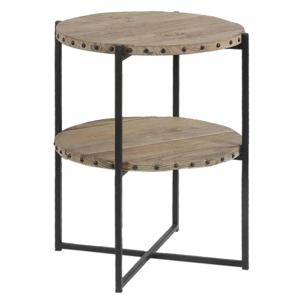 Round side table with wooden top and metal frame on a white background