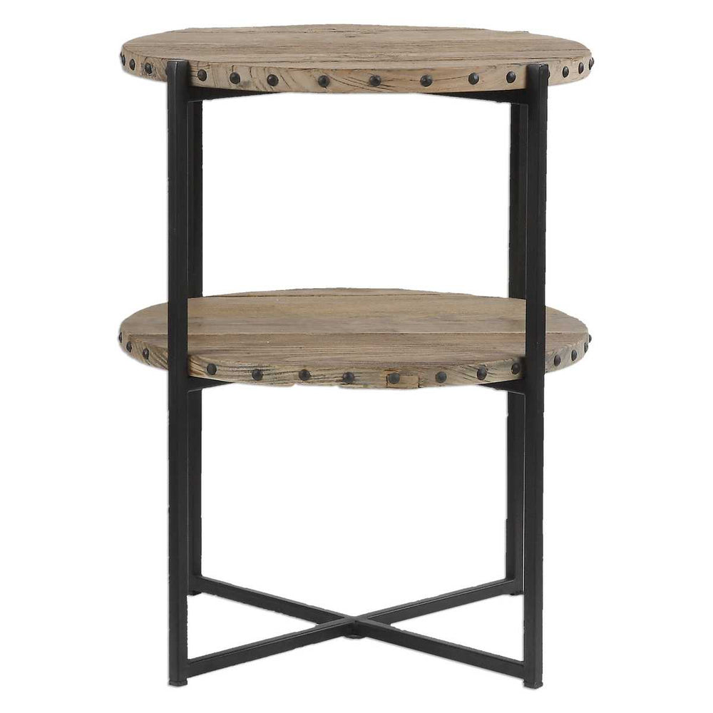 Two-tiered round side table with wooden top and black metal frame on a white background